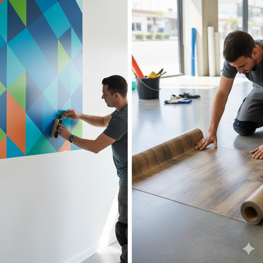 Aplicación profesional de vinilo adhesivo sobre pared y suelo sin burbujas