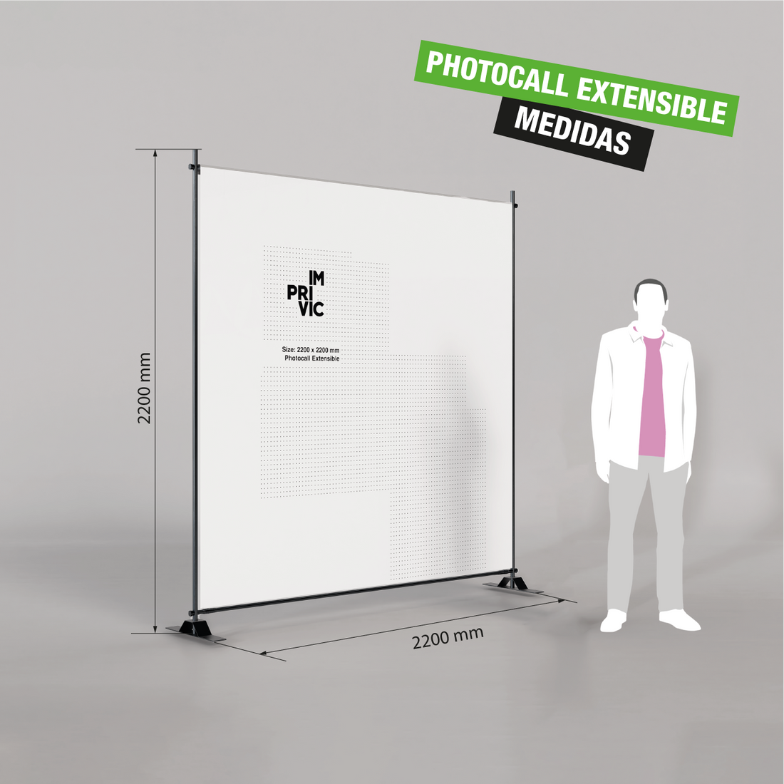 Photocall extensible de 220 x 220 cm para eventos y ferias con estructura ajustable.