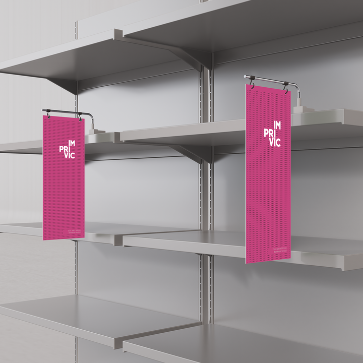 Banderola vertical para PLV, vista superior, ideal para señalización en puntos de venta.