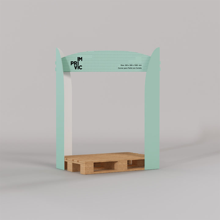 Corner pallet con cartela superior, diseñado para señalizar ofertas y productos destacados en supermercado o tiendas.