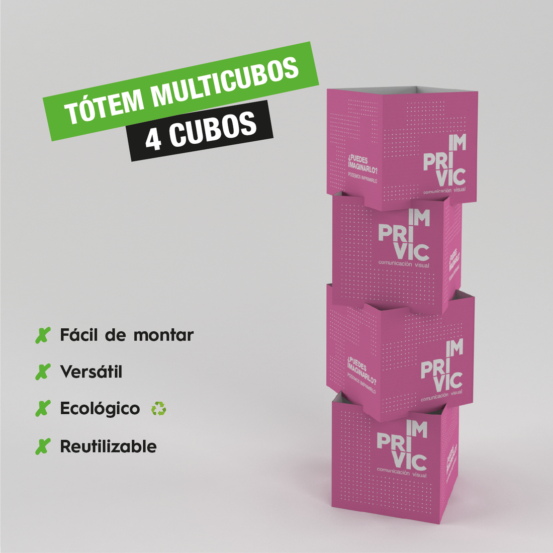 Tótem Multicubos de 4 cubos apilables, fácil de montar, ideal para exhibición de productos en puntos de venta.