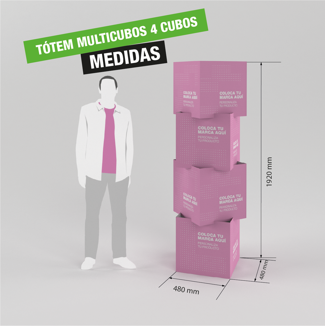 Tótem Multicubos de 4 cubos apilables, fácil de montar, ideal para exhibición de productos en puntos de venta.