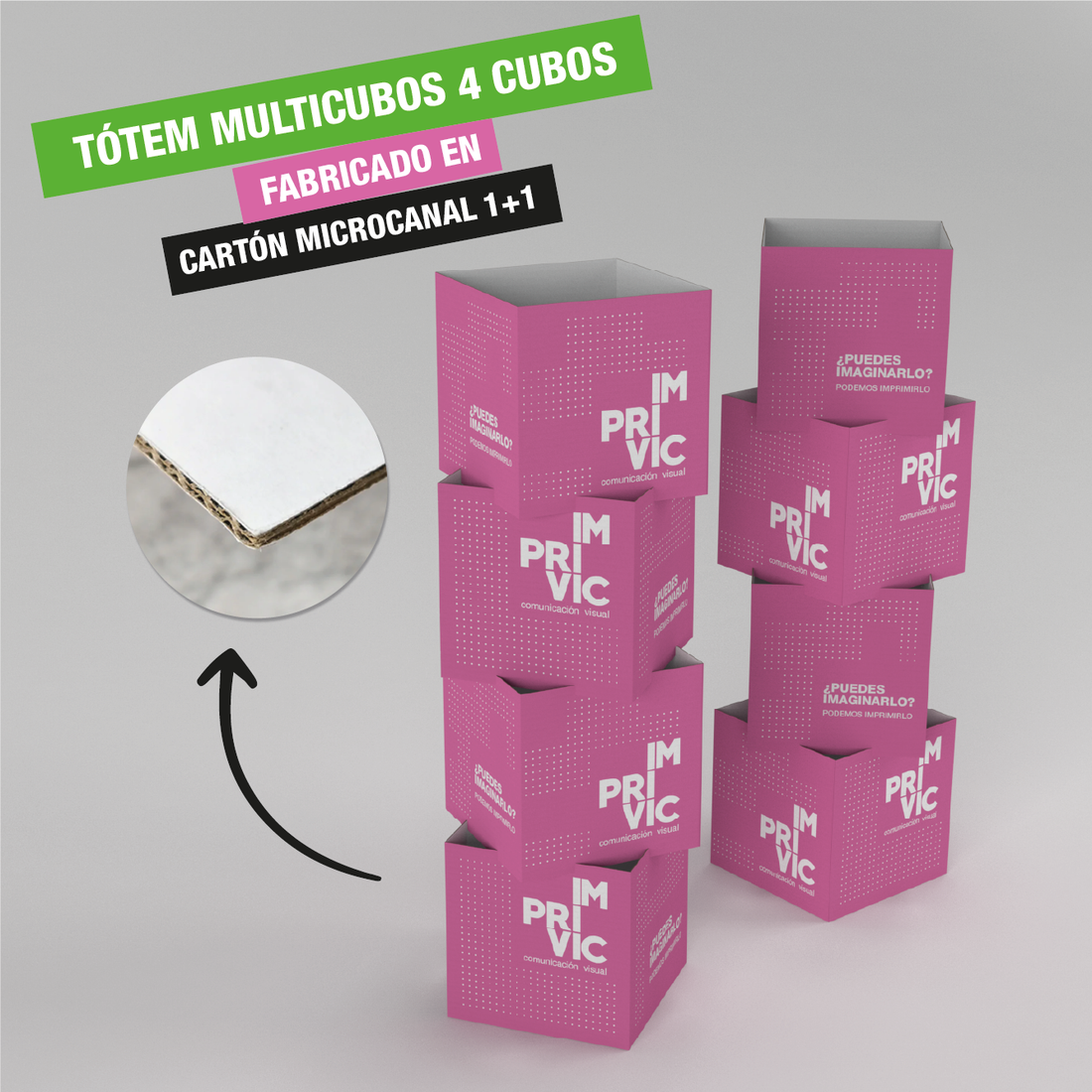 Tótem Multicubos de 4 cubos apilables, fácil de montar, ideal para exhibición de productos en puntos de venta.