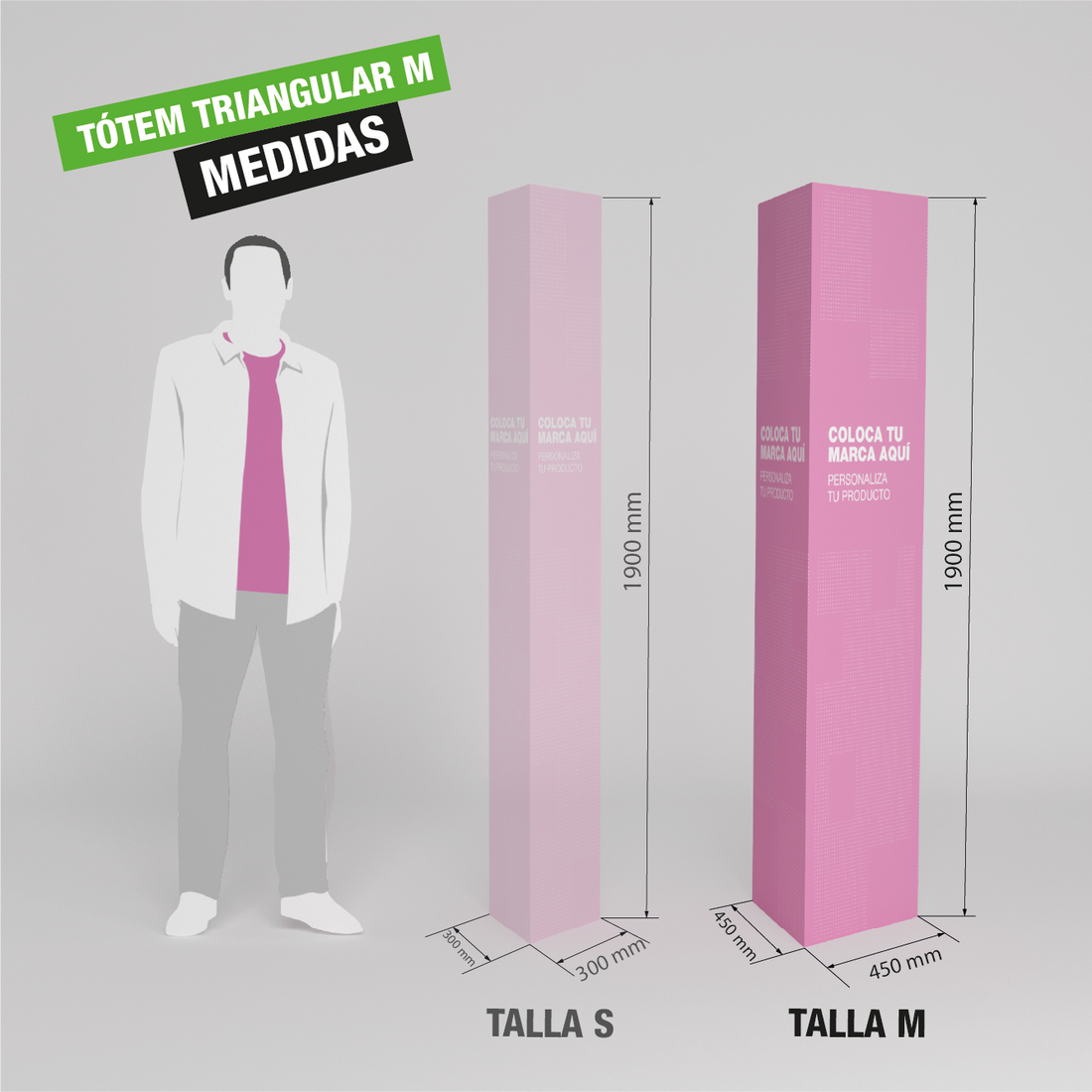 Tótem triangular mediano con gráfica personalizable, ideal para señalización en eventos.