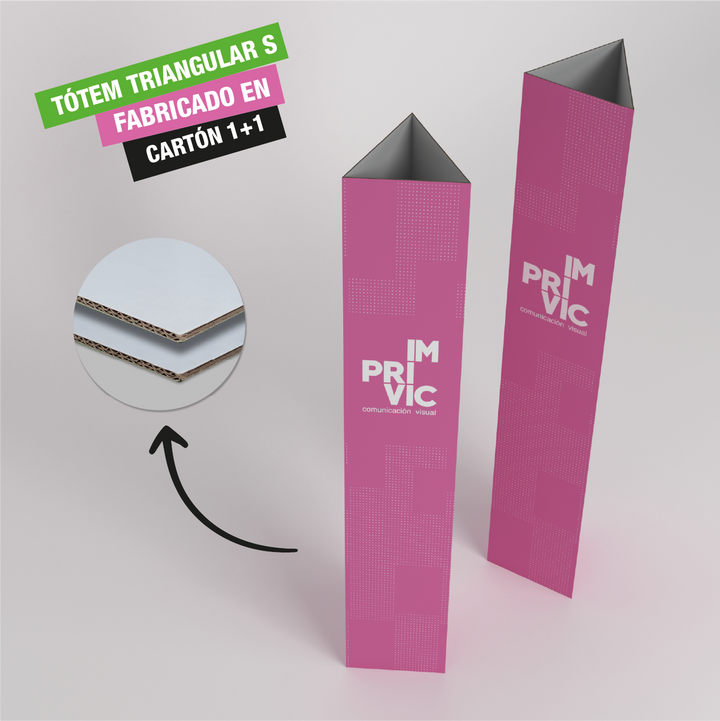 Tótem triangular pequeño con gráfica personalizada, ideal para señalización en mostradores