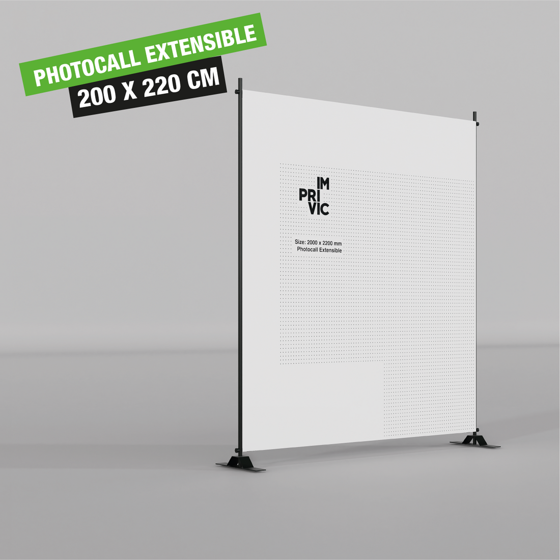 Photocall extensible de 200 x 220 cm para eventos y ferias con estructura ajustable.