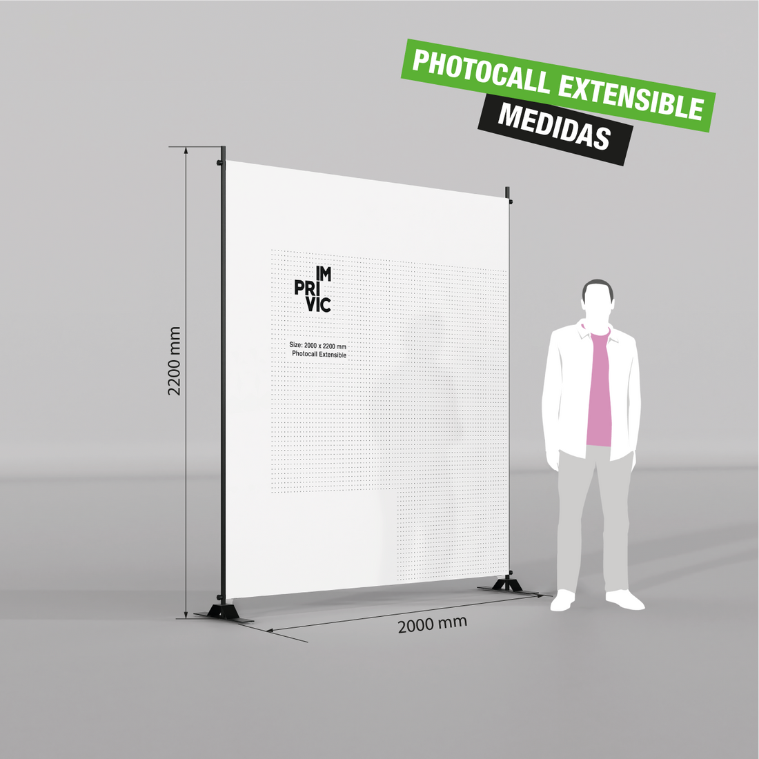 Photocall extensible de 200 x 220 cm para eventos y ferias con estructura ajustable.