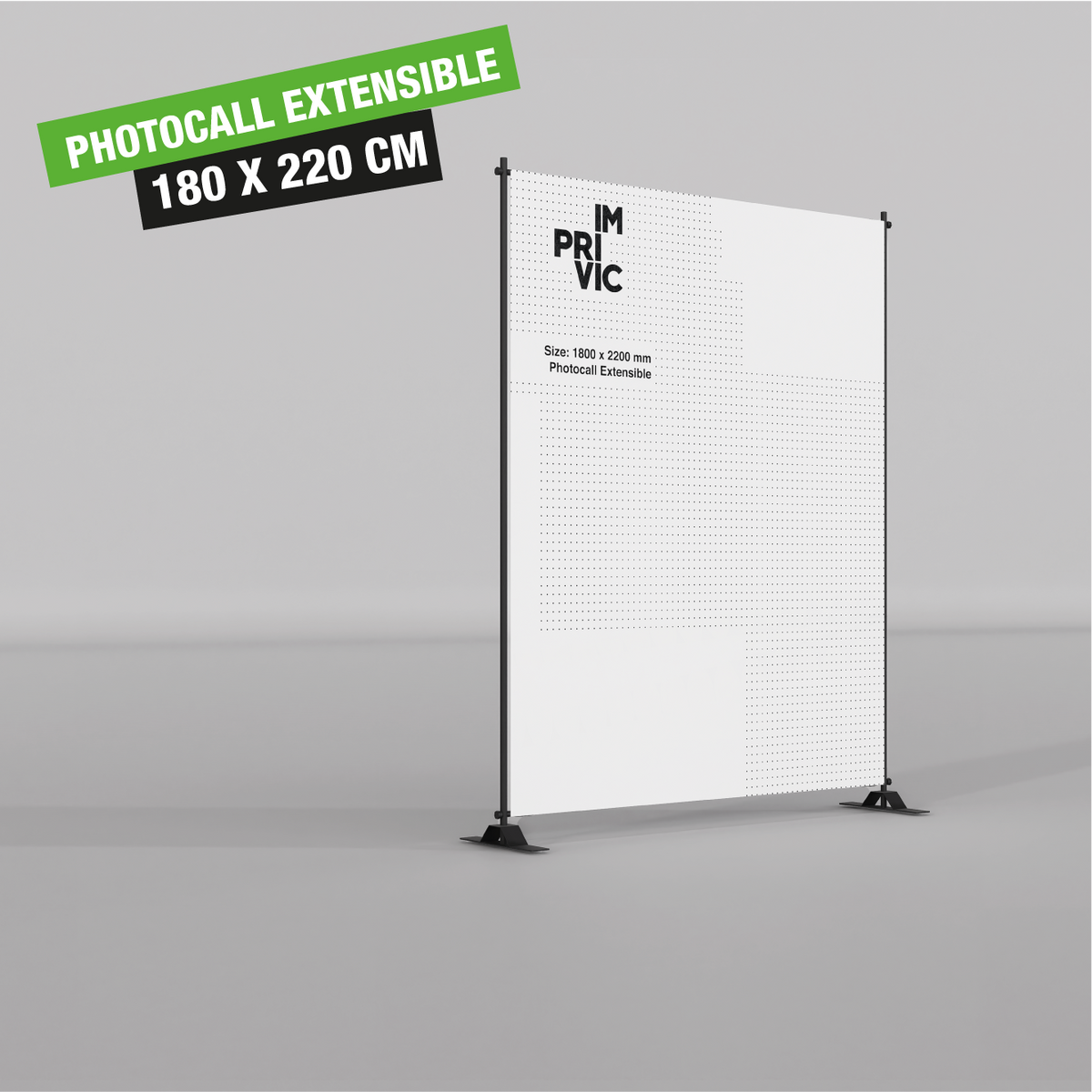 Photocall extensible de 180x220cm para eventos y ferias con estructura ajustable.
