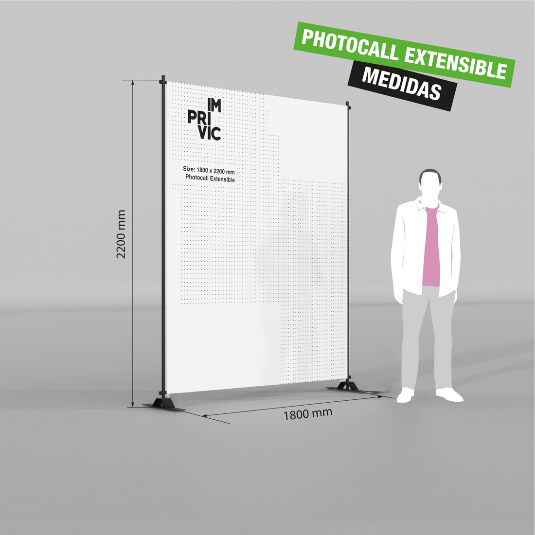 Photocall extensible de 180x220cm para eventos y ferias con estructura ajustable.