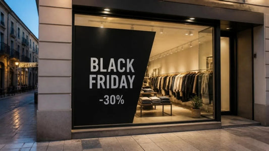 Cartel de Black Friday en el escaparate de una tienda, impreso en vinilo sobre el cristal