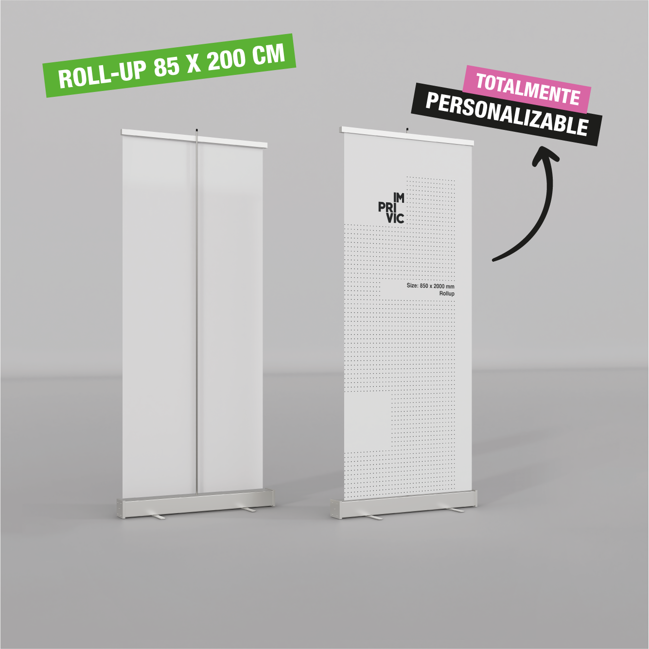 Expositor roll up de 85 x 200 cm, portátil y enrollable. Totalmente personalizable