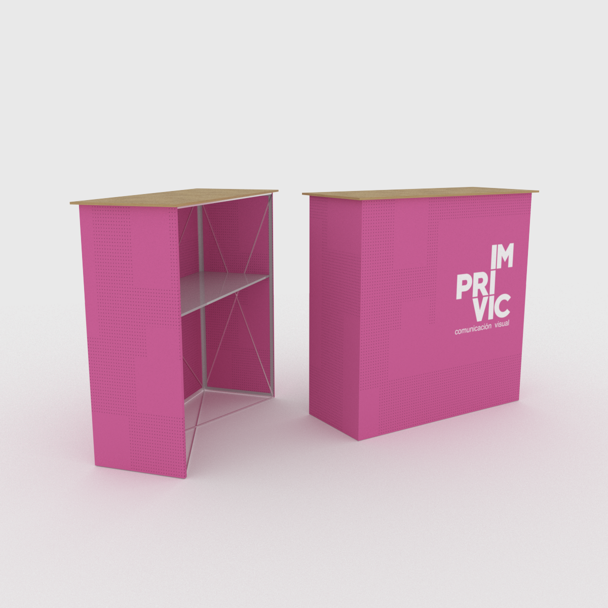 Mostrador portátil con gráfica textil personalizada. Ligero, fácil de montar y transportar. 