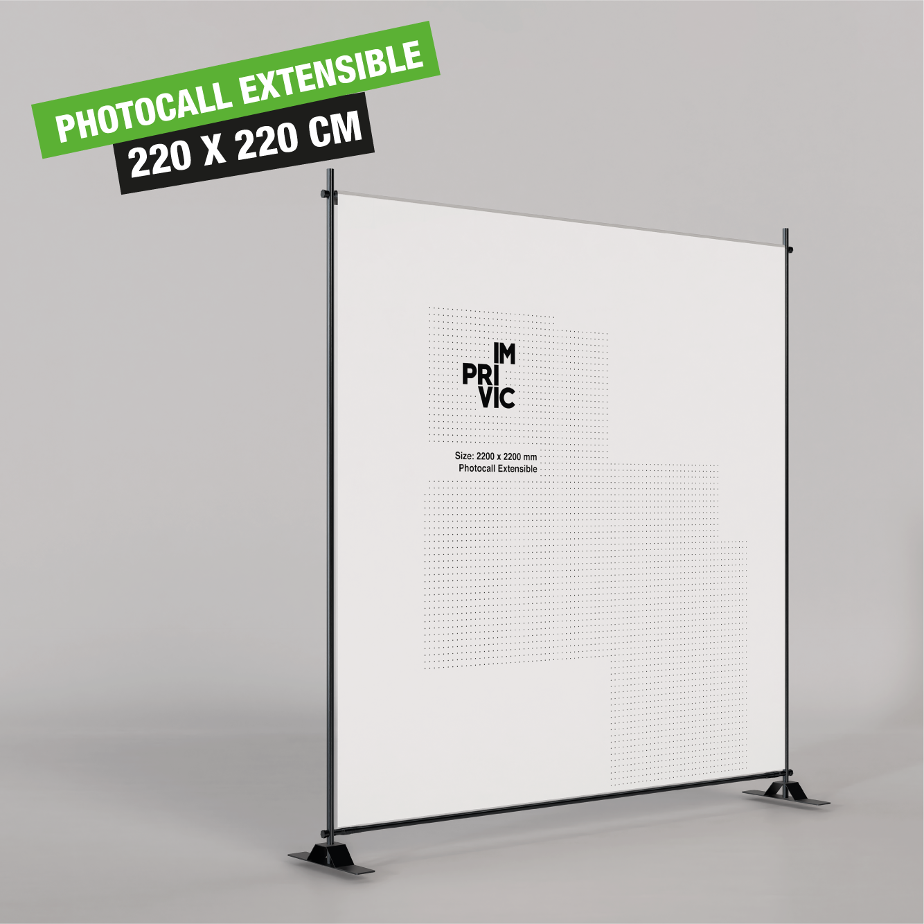 Photocall extensible de 220 x 220 cm para eventos y ferias con estructura ajustable.