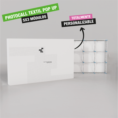 Photocall textil Pop Up en módulos, ideal para eventos, totalmente personalizable.