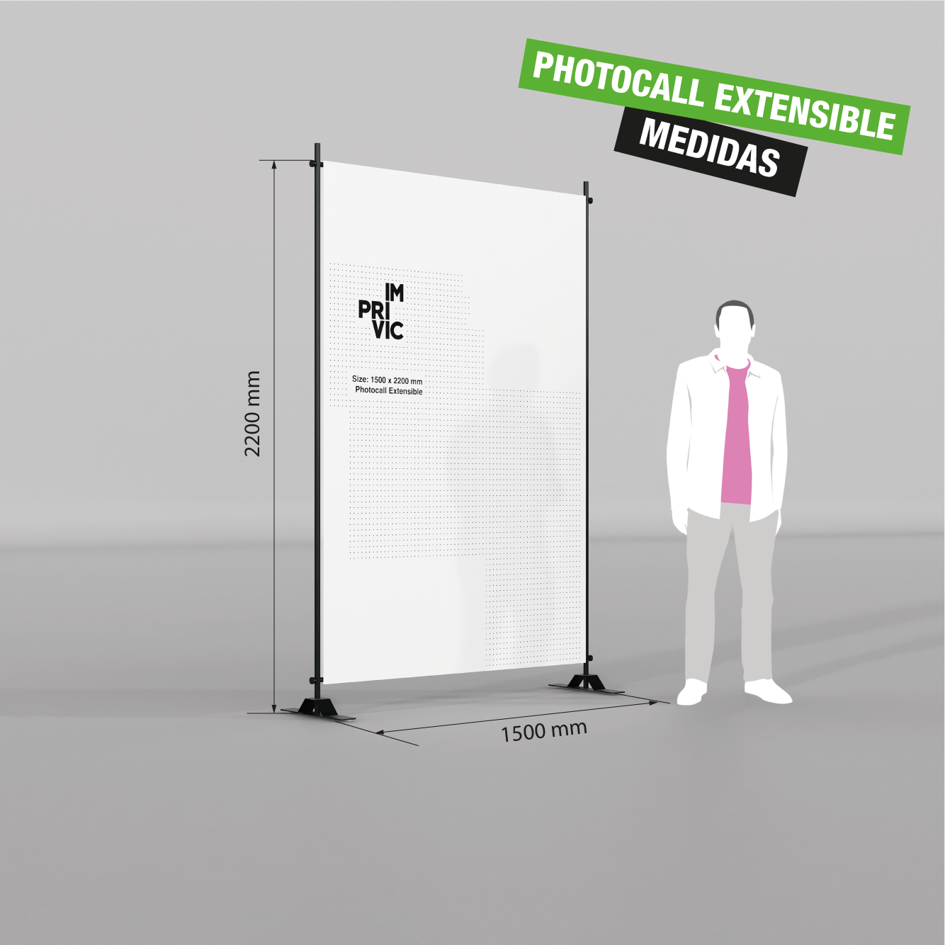 Photocall extensible 150x220 cm, ideal para eventos, ferias y conferencias.