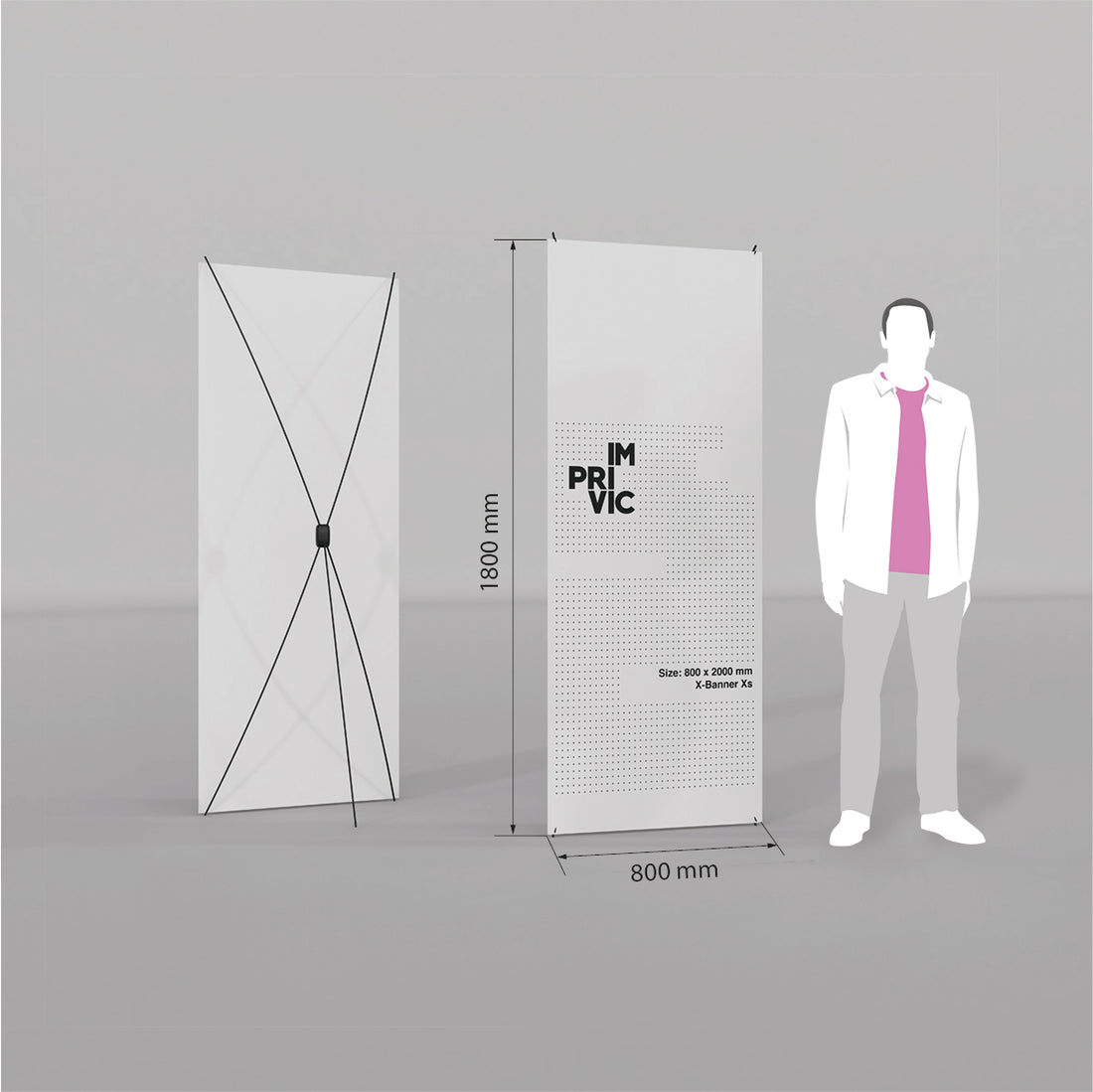 Expositor X-Banner tamaño XS, ligero y portátil.