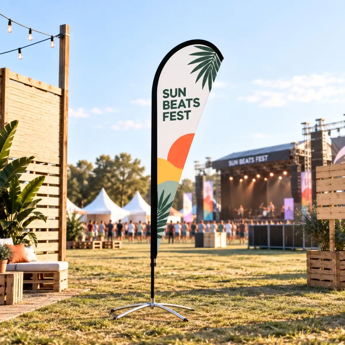 Banderola gota M publicitaria personalizada en un festival al aire libre