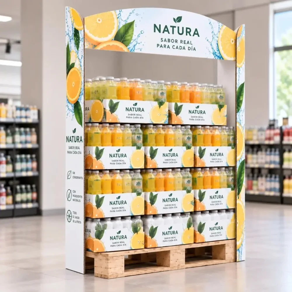 Corner para pallet con cartela impreso personalizado en un palé de zumos