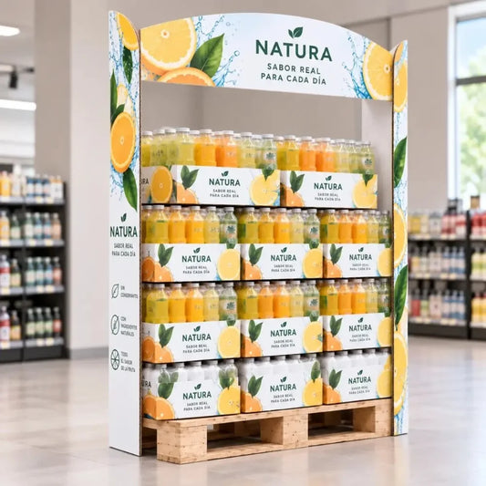 Corner para pallet con cartela impreso personalizado en un palé de zumos