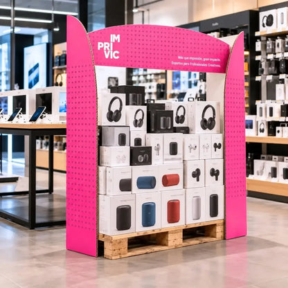 Corner para pallet con cartela impreso personalizado de color rosa en una tienda de electrónica