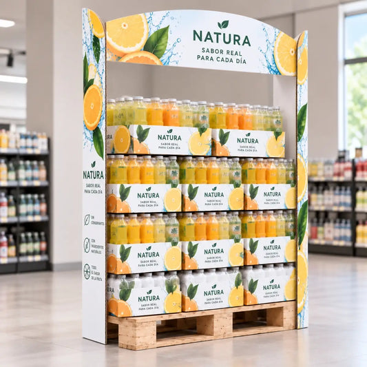 Corner para pallet con cartela publicitario en un palé de bebidas