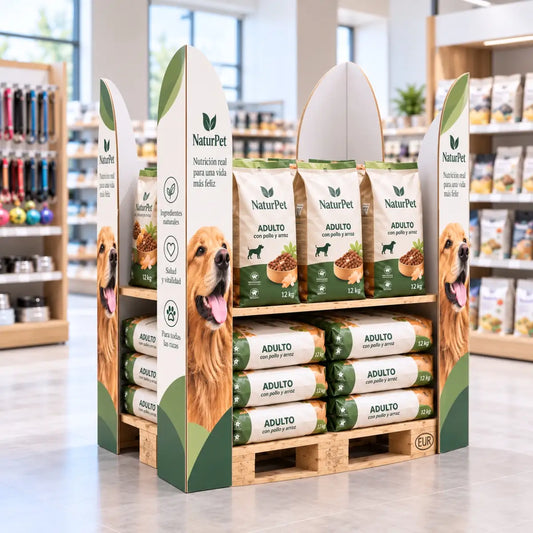 Corners para pallet publicitarios decorando un palé de producto en supermercado