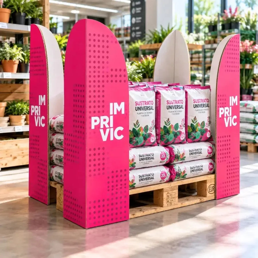 Corners para pallet impresos personalizados de color rosa en un palé de una tienda de jardinería