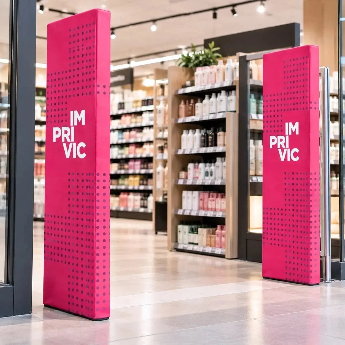 Cubre alarmas de tela impreso personalizado de color rosa en la entrada de una perfumería