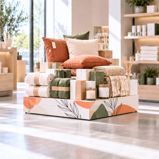 Cubre pallet publicitario en una tienda de textil hogar
