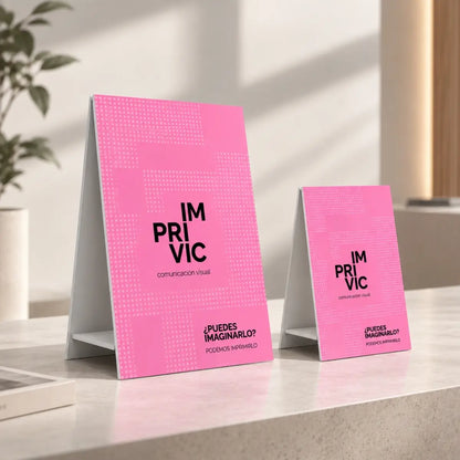Displays con caballete promocionales impresos sobre una mesa