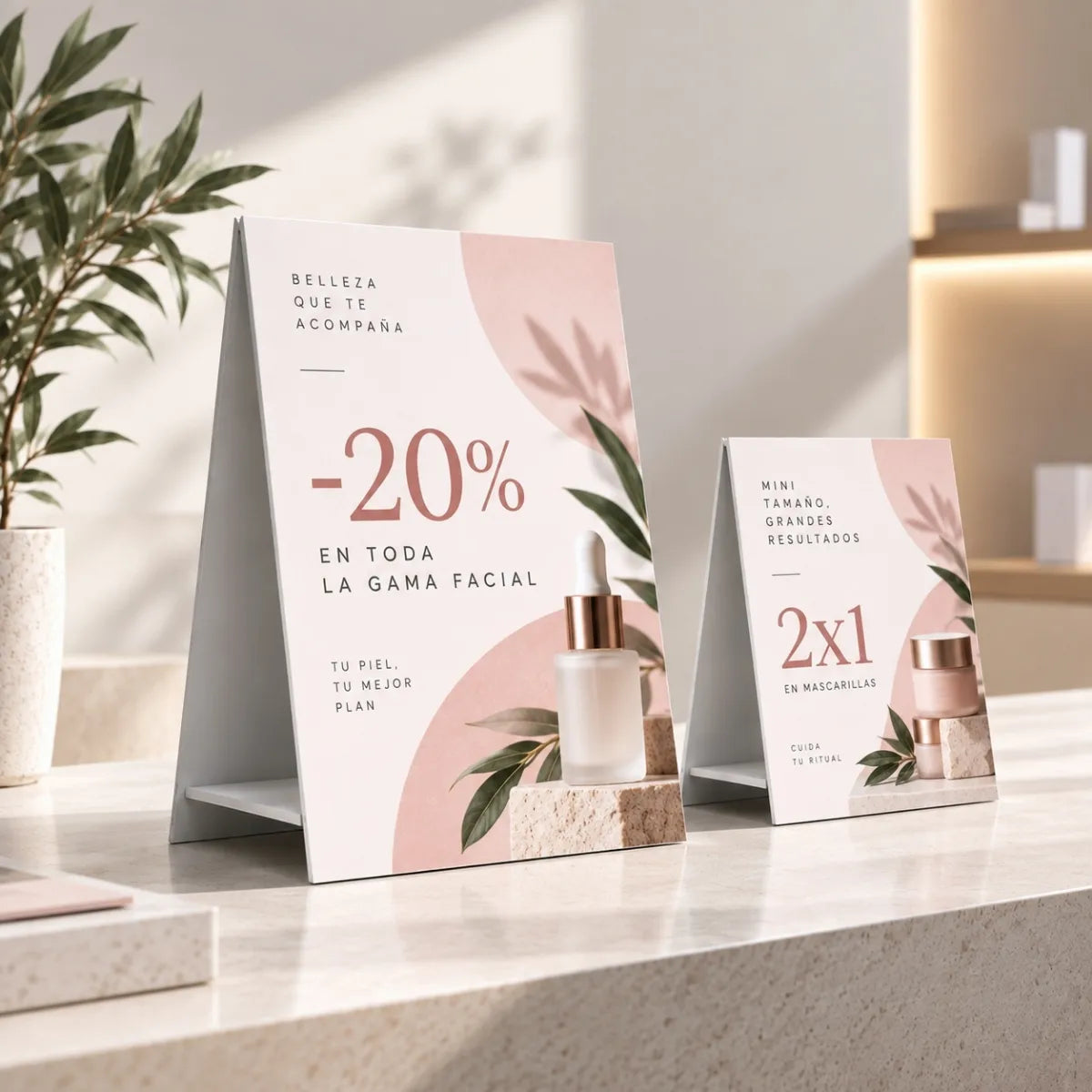 Displays con caballete publicitarios sobre el mostrador de una tienda de cosmética