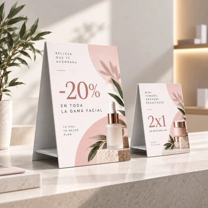 Displays con caballete publicitarios sobre el mostrador de una tienda de cosmética