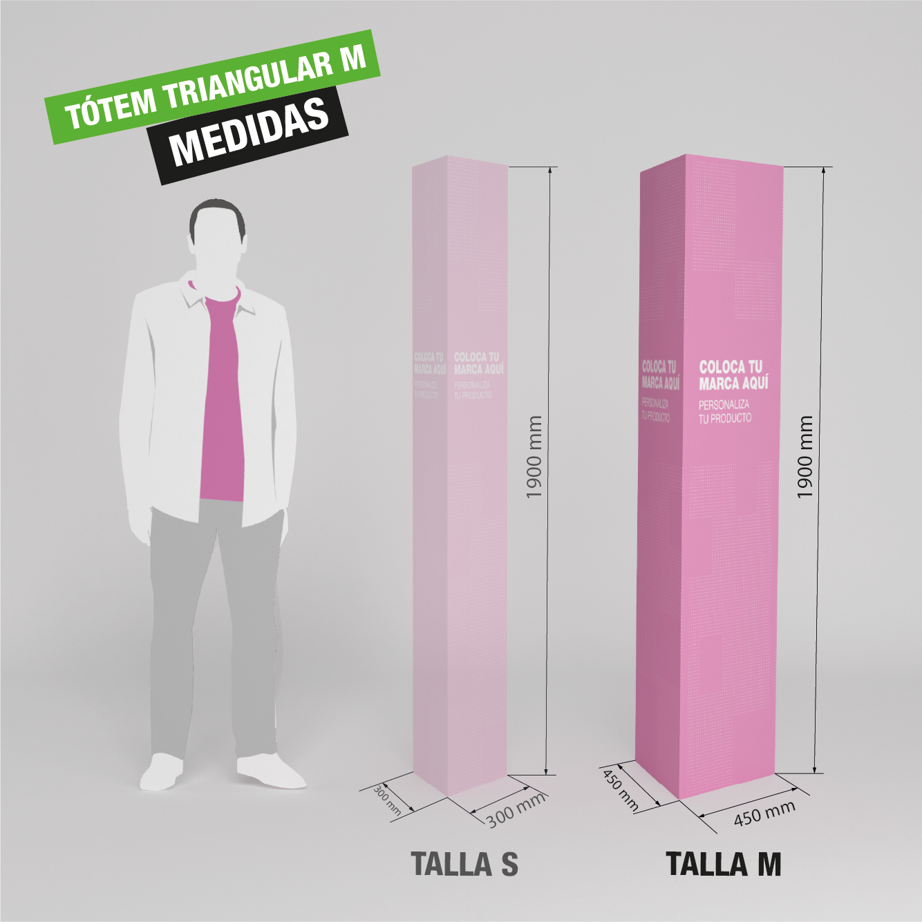 Tótem triangular mediano con gráfica personalizable, ideal para señalización en eventos.