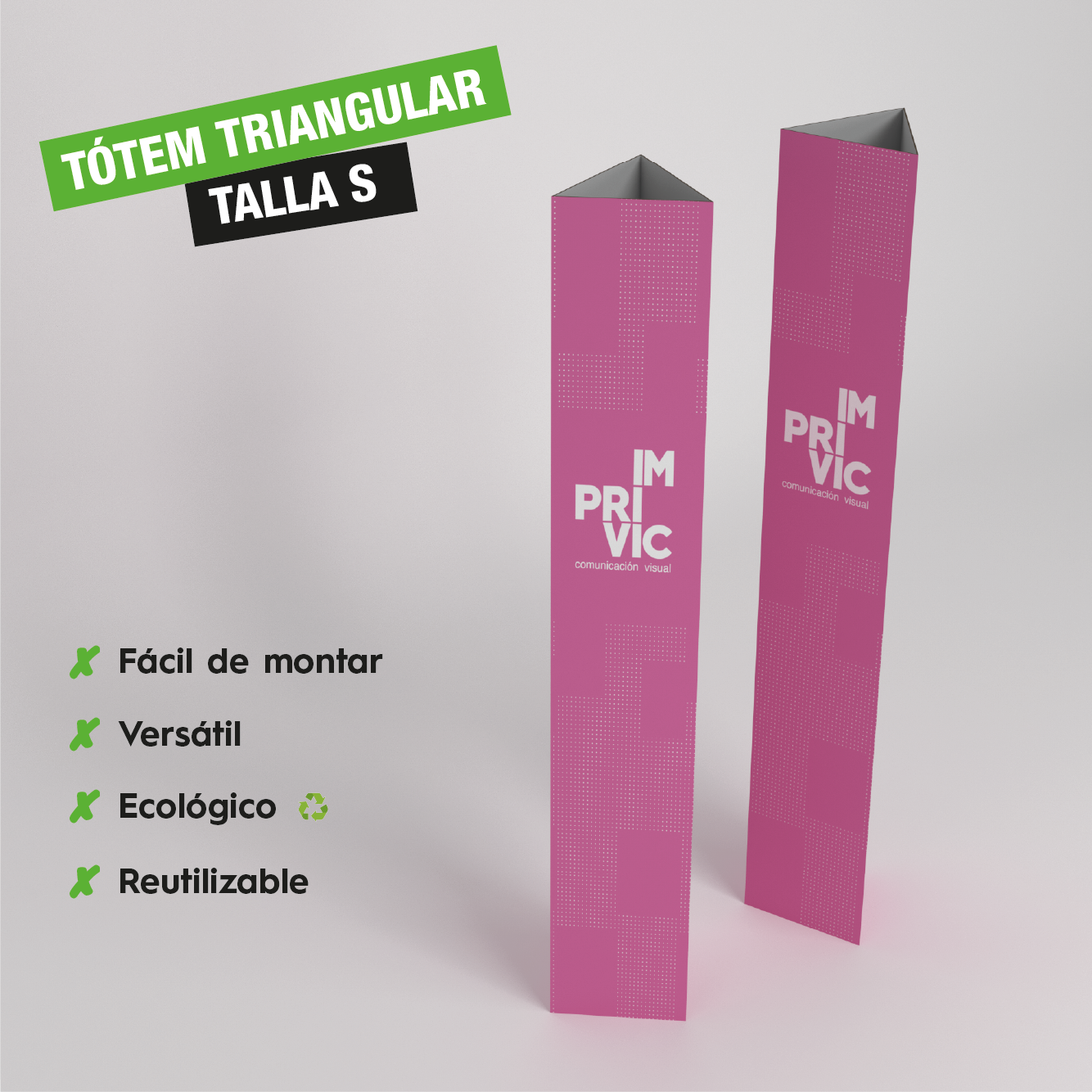 Tótem triangular pequeño con gráfica personalizada, ideal para señalización en mostradores
