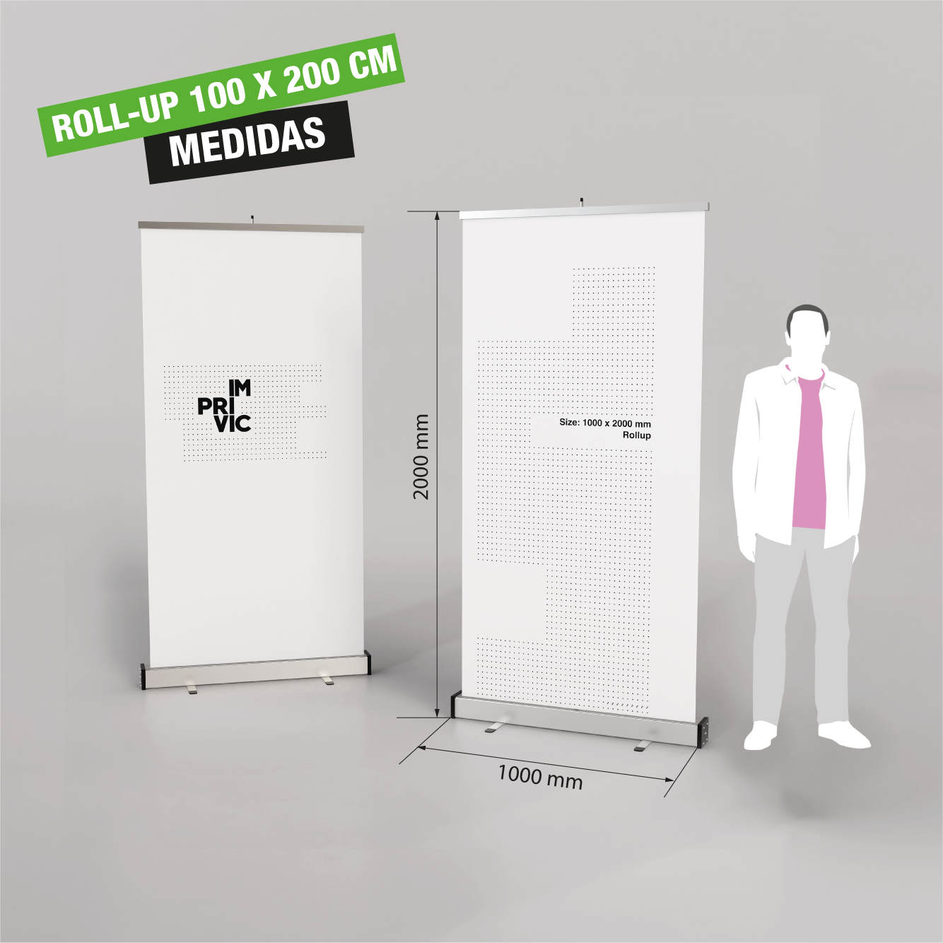 Expositor roll up de 100 x 200 cm, portátil y enrollable.