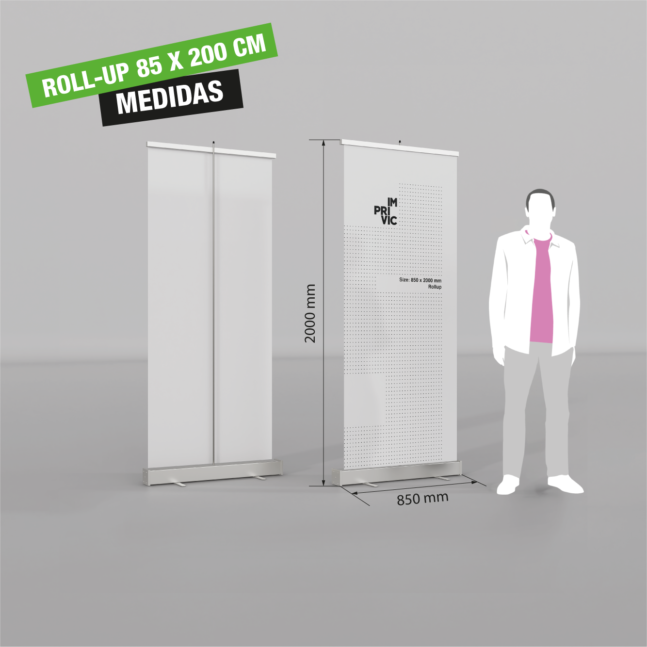 Expositor roll up de 85 x 200 cm, portátil y enrollable.