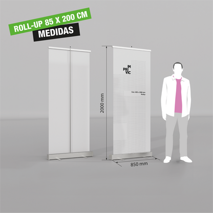 Medidas expositor roll up de 85 x 200 cm, portátil y enrollable.