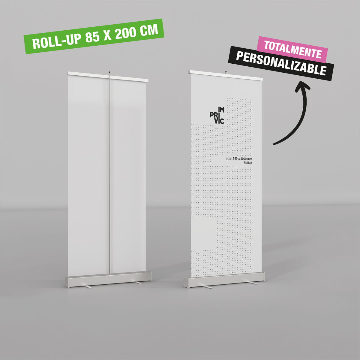 Expositor roll up de 85 x 200 cm, portátil y enrollable. Totalmente personalizable