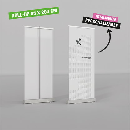 Expositor roll up de 85 x 200 cm, portátil y enrollable. Totalmente personalizable