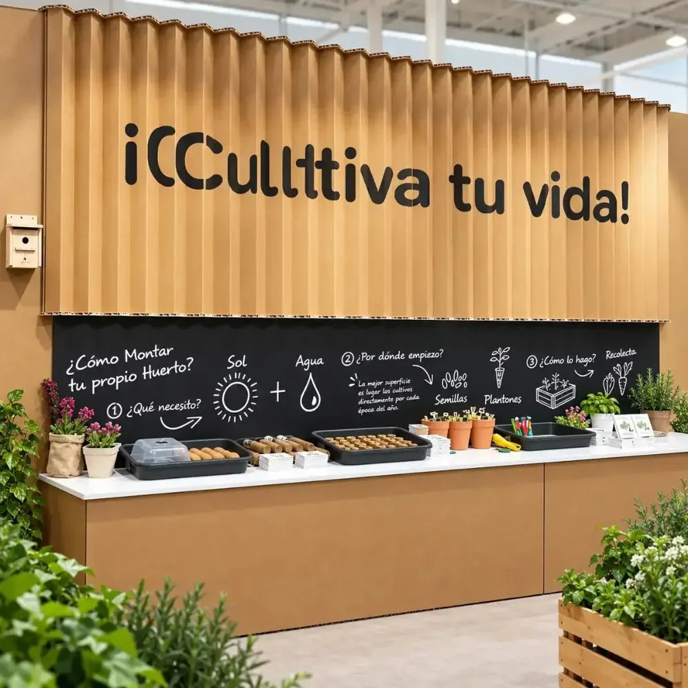 Expositor de jardinería en cartón nido kraft impreso en una tienda