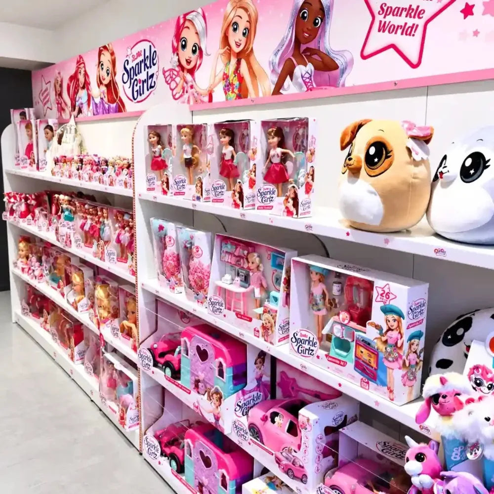 Lineal de una tienda de juguetes decorado con cartón nido de abeja impreso personalizado de color rosa