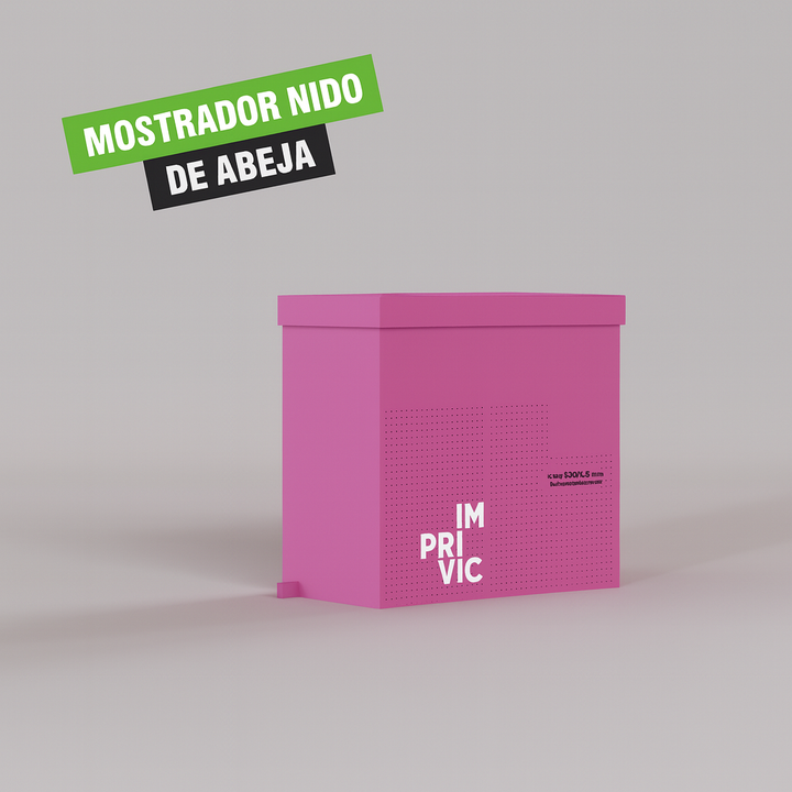 Mostrador ligero, resistente y 100% reciclable, fabricado en cartón nido de abeja. Fácil de montar y transportar. Ideal para ferias, pop-ups y eventos sostenibles.