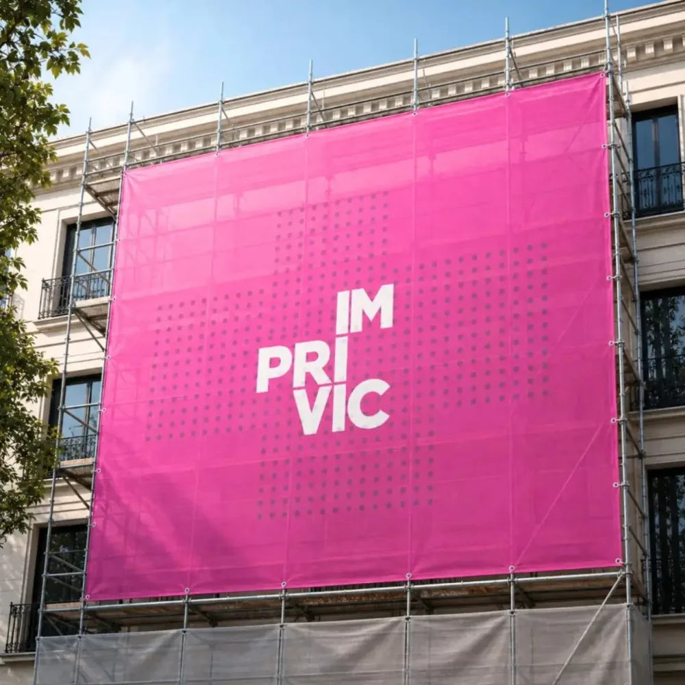 Lona microperforada impresa personalizada de color rosa con logotipo de Imprivic tensada en estructura