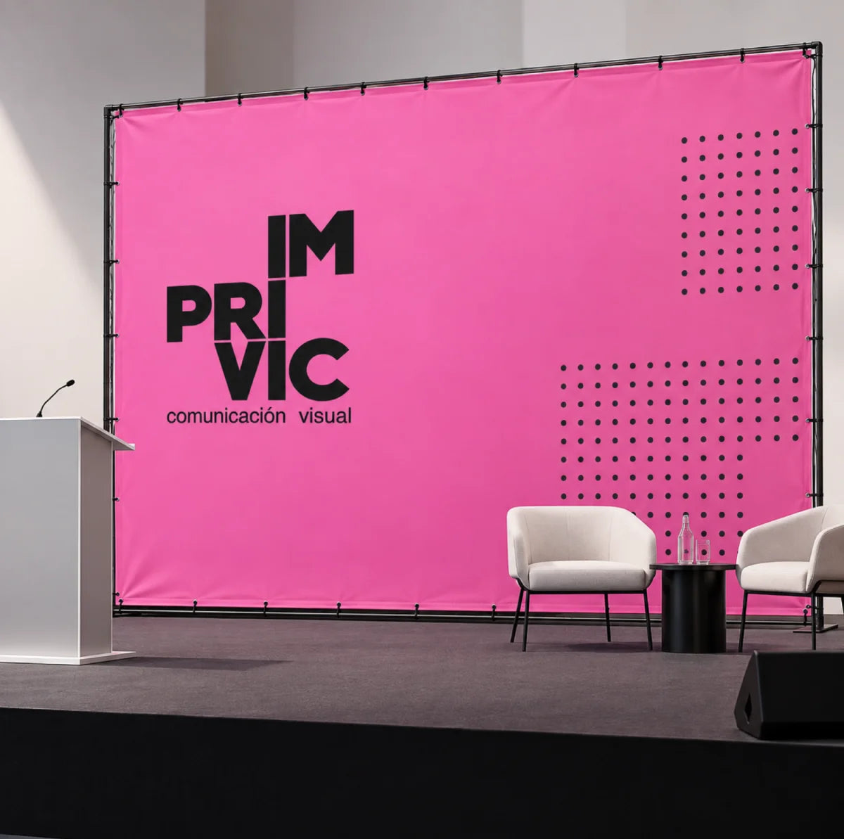 Lona opaca trasera negra impresa como fondo de escenario para eventos y conferencias