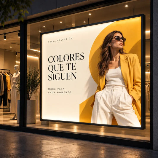 Lona Backlight noche y día publicitaria en escaparate iluminado de tienda de moda