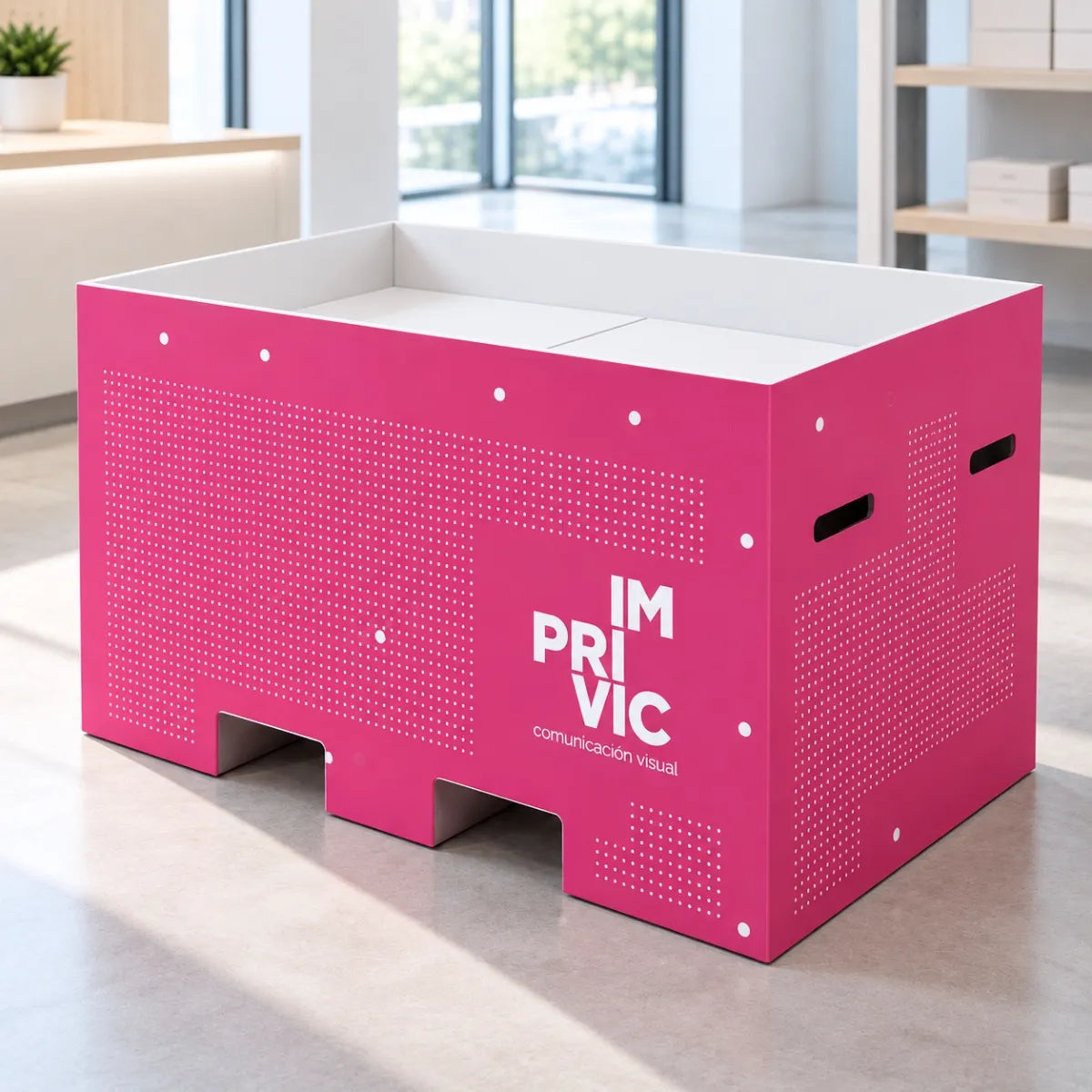 Mesa promocional On Box personalizada de cartón impreso en una tienda