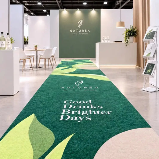 Moqueta ferial impresa personalizada en verde en un stand de feria