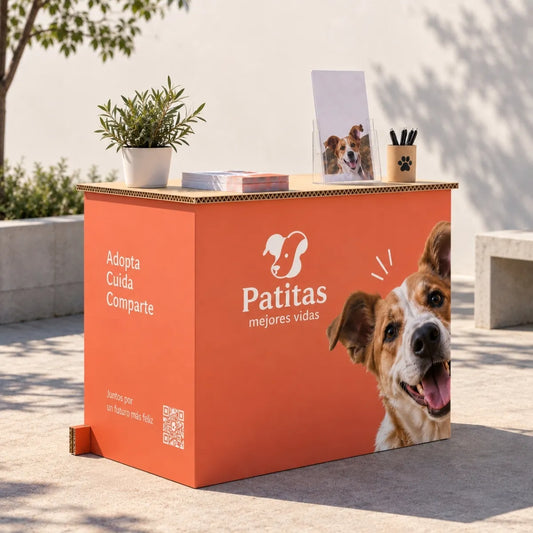 Mostrador de cartón nido de abeja publicitario en la entrada de una tienda de mascotas