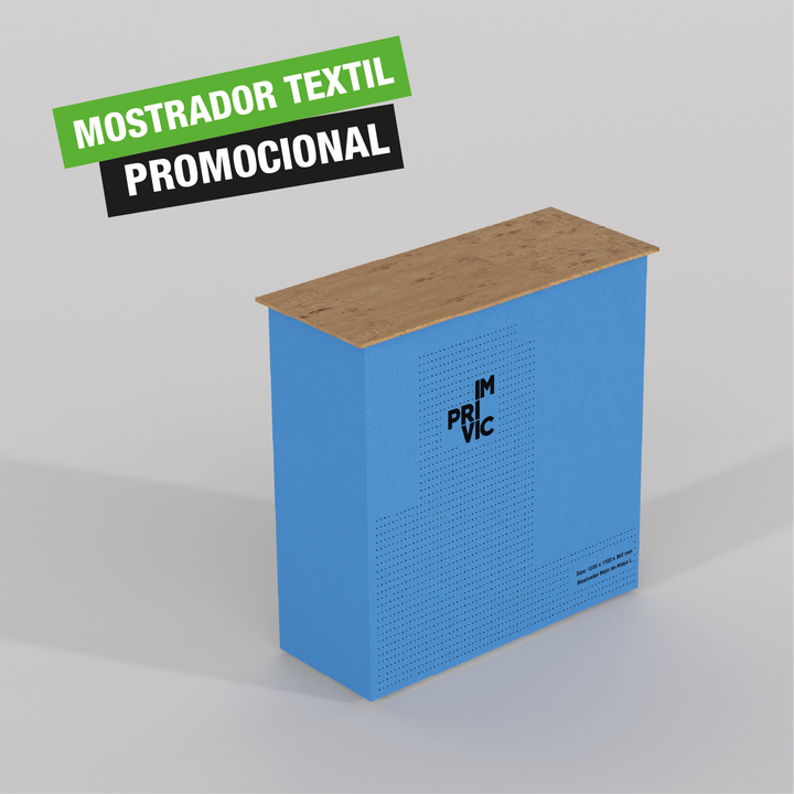 Mostrador portátil con gráfica textil personalizada. Ligero, fácil de montar y transportar. Ideal para ferias, eventos y promociones en punto de venta.