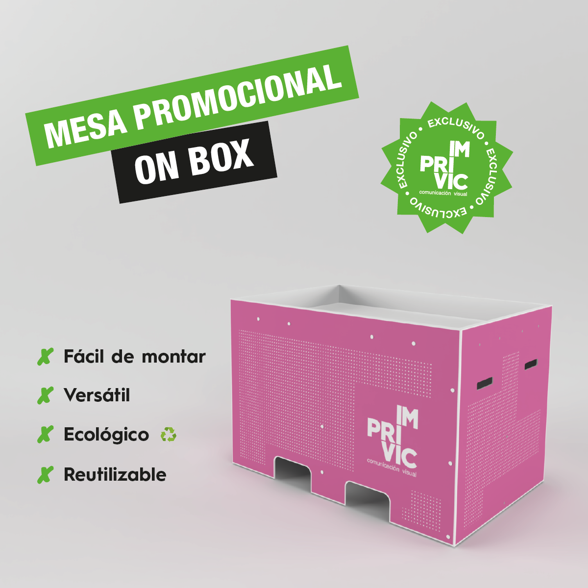 Mostrador mesa promocional On Box, diseño ligero y resistente para eventos y ferias.